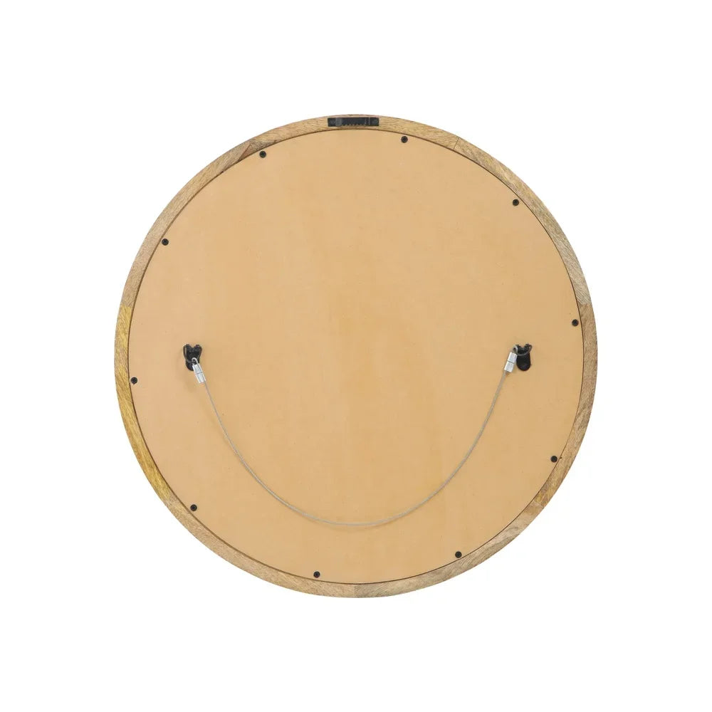 Modern Round Mirror Mango Wood Frame No Assembly Handcrafted Wall Decor Home Accent Reflective Surface Durable Design