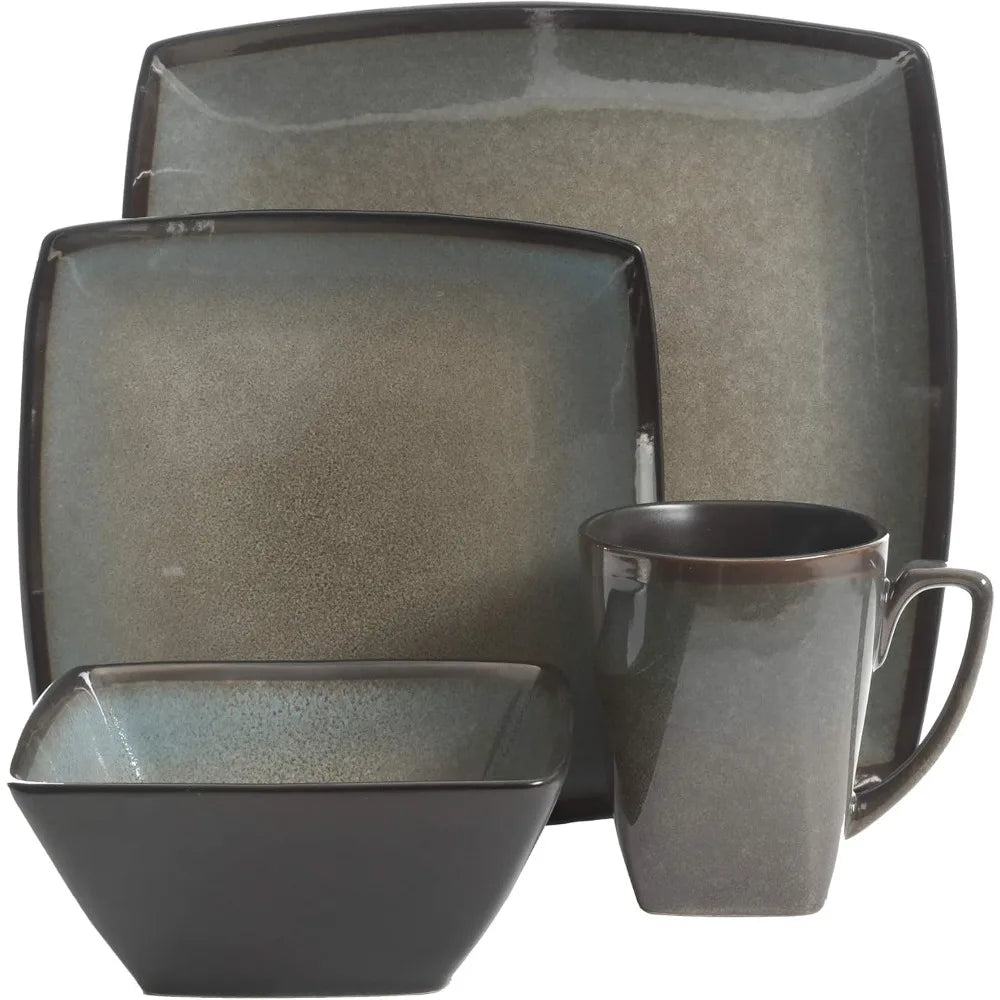 Gibson Elite Tequesta Square Reactive Glaze Stoneware Plates and Bowls Dishes Dinnerware Set, Service for 4 (16pcs), Taupe