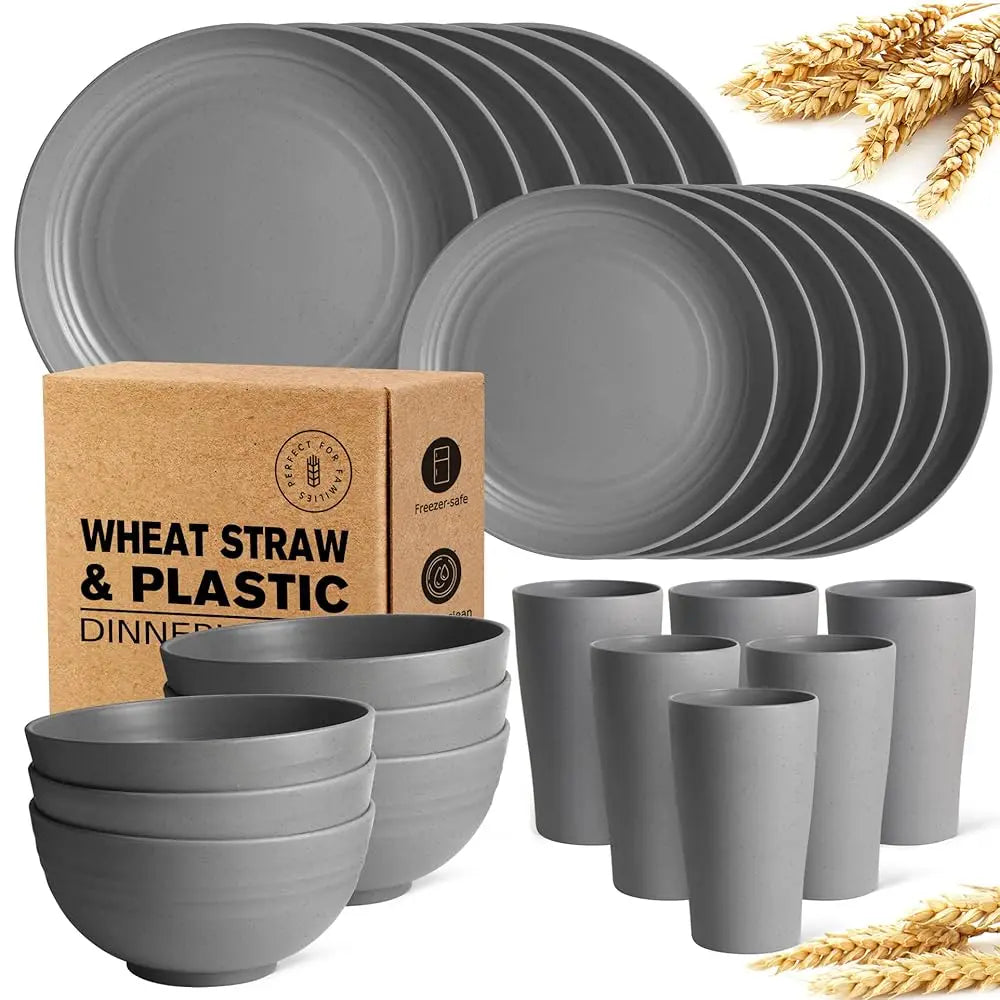 24-Piece Kitchen Plastic Wheat Straw Dinnerware Set, Service For 6, Dinner Plates, Dessert Plate, Cereal Bowls, Cups,