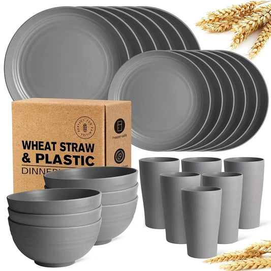 24-Piece Kitchen Plastic Wheat Straw Dinnerware Set, Service For 6, Dinner Plates, Dessert Plate, Cereal Bowls, Cups,