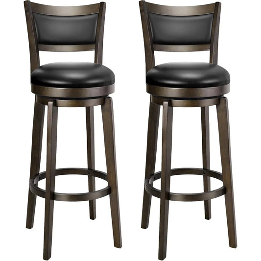 Swivel Bar Stools Set of 2, 34 Inch Extra Tall Bar Height Barstools, Black Faux Leather Bar Stool with High Backrest, Solid Woo