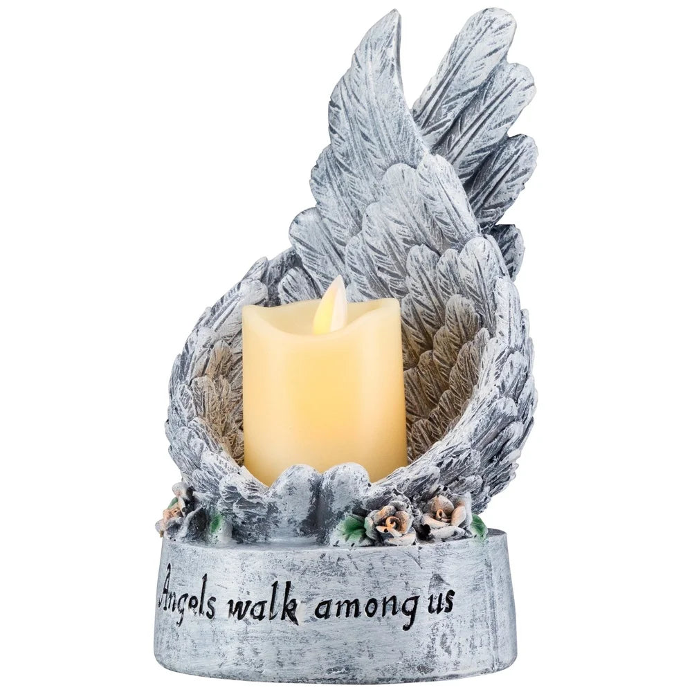 Flameless Candle Holder with Angel Wings and LED Votive Battery Operated Memorial Decor Indoor Floral Accent
