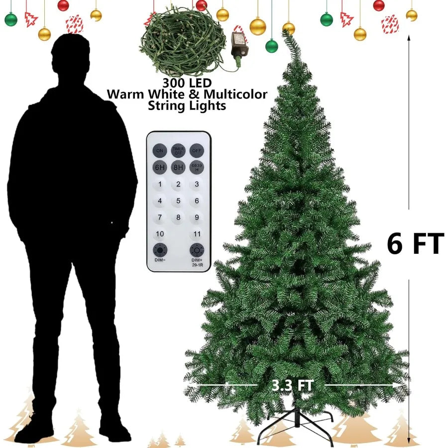 6FT Artificial Christmas Tree with Remote Control 300 LEDs Warm White and Multicolored String Lights for Indoor Outdoor Winter