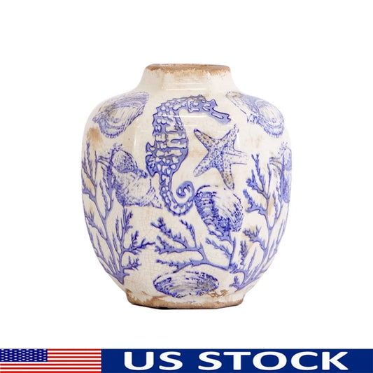 Multicolor Nautical Ceramic Decorative Urn Marine Print Home Décor Rustic Planter Indoor Accent Vase Coastal Farmhouse Design