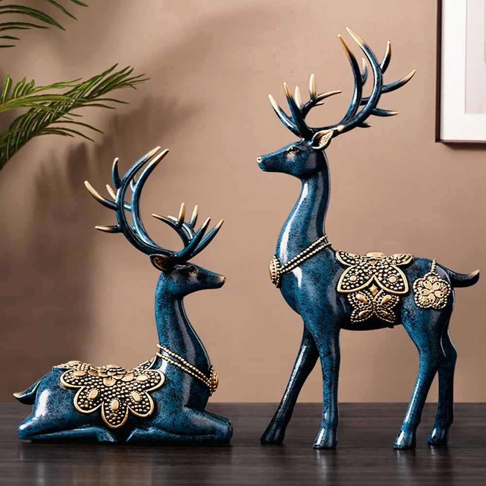 2 PCS Large Resin Deer Figurine Sculpture, Tabletop Hand-painted Statue for Home Office Art Decoration, Blue