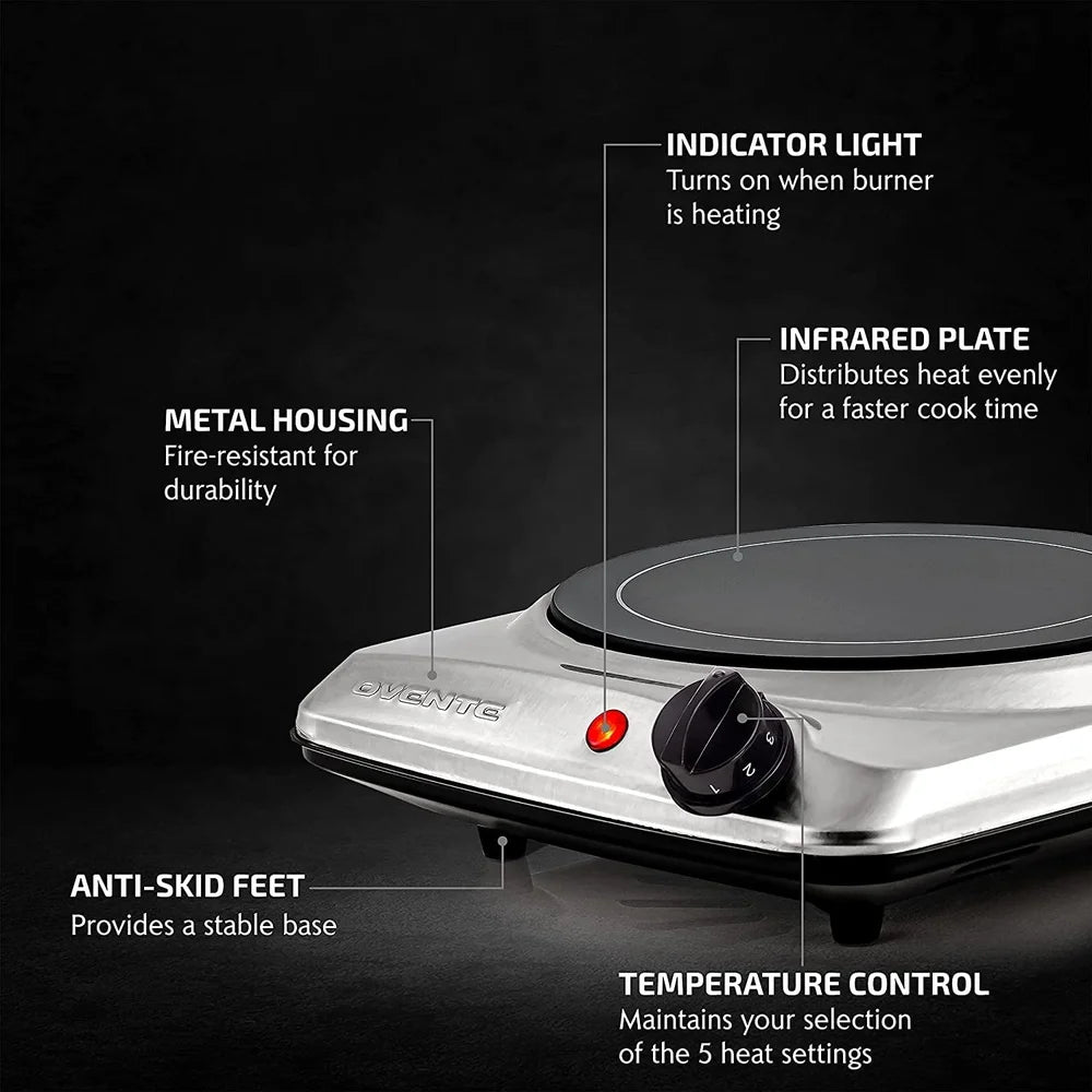 1000W Infrared Electric Hot Plate Countertop Burner Adjustable Temperature Easy Clean Portable Cooktop Home Camping RV