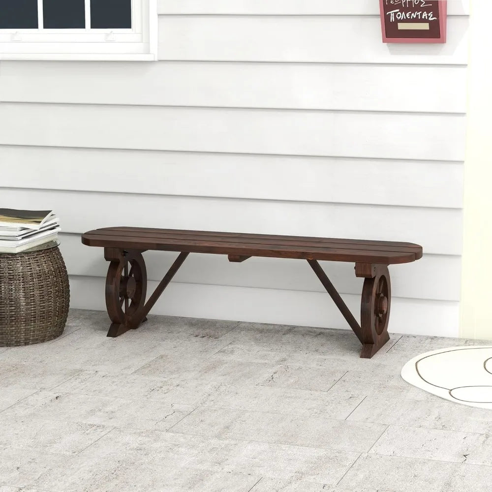 2-Person Wooden Outdoor Bench with Wagon Wheel Legs, Slatted Seat, Rustic Country Design, 710 Lbs Weight Capacity, Patio Bench