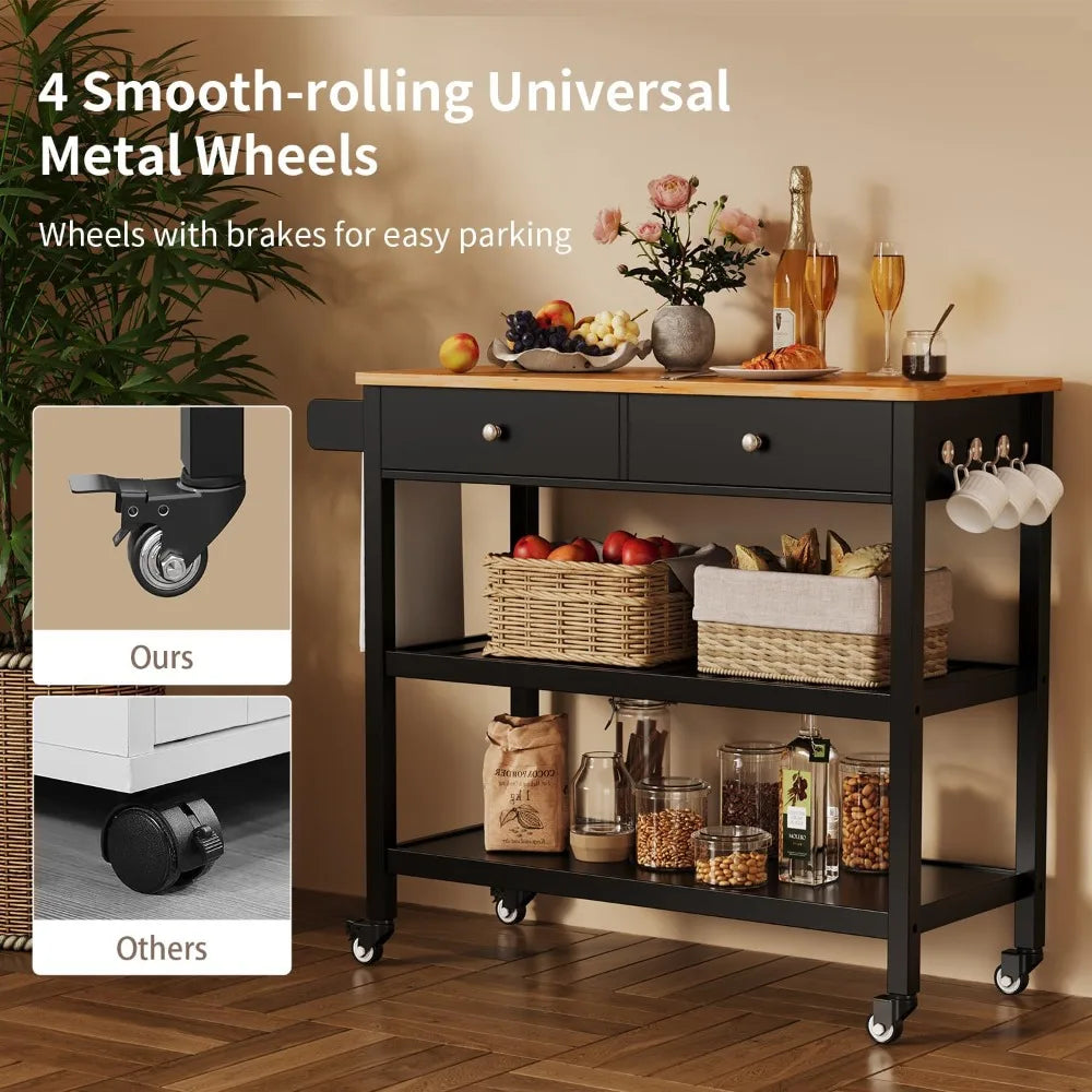 Kitchen Island Cart with Storage,40’’ Wooden Top,2 Tiers Spacious Shelves and Towel Bar, 2 Drawer Mobile Trolley Cart On Wheels