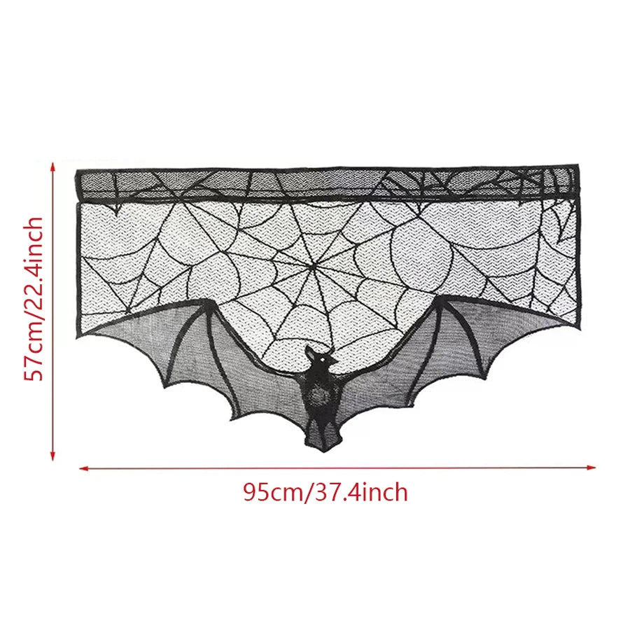 Halloween black bat lace curtains, spider web horror decoration for the living room mantelpiece tablecloth, home decoration