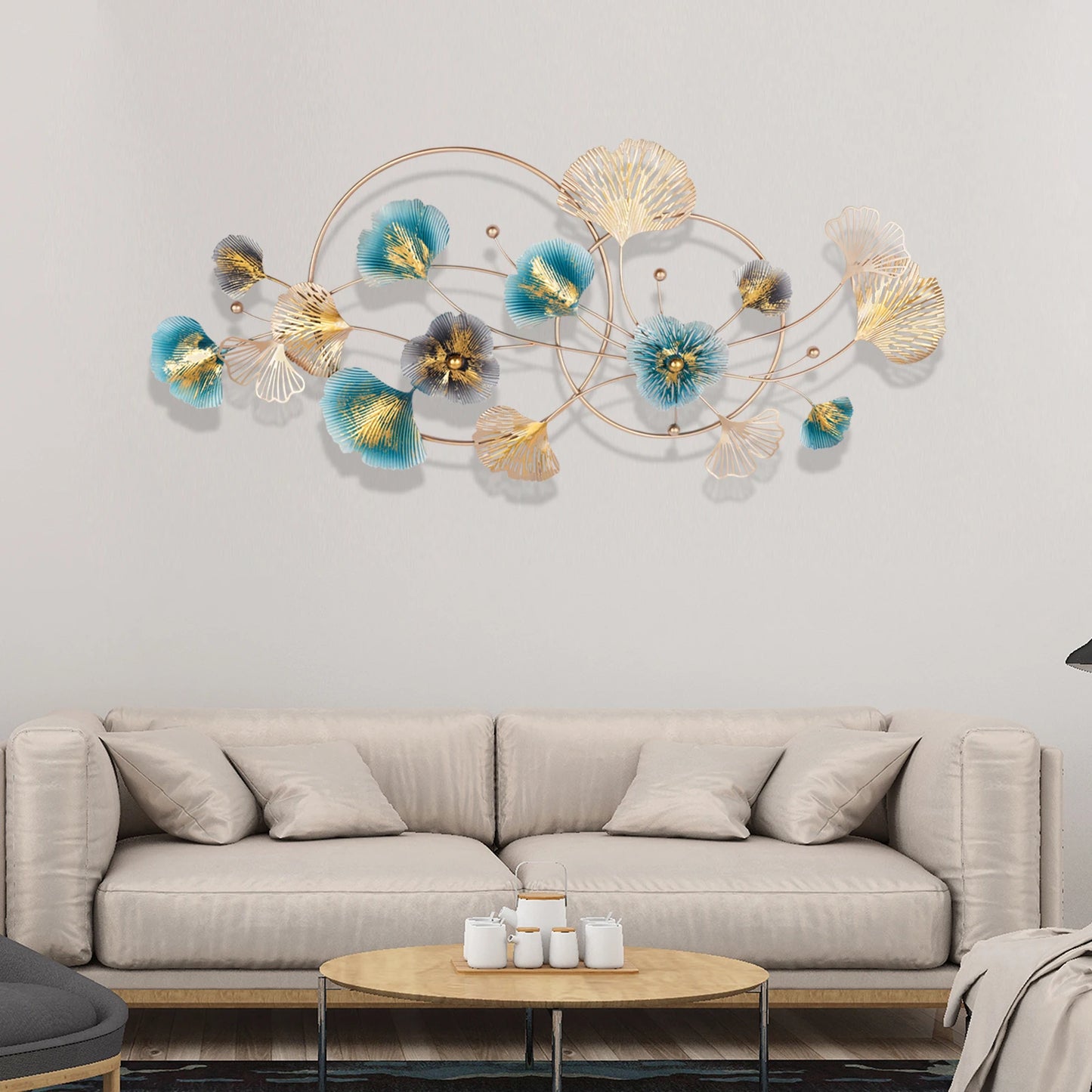 3D Golden Ginkgo Leaf Wall Hanging Decor with Frame, 48.03*20.47*1.97'' Metal Art Wall Sculpture for Living Room, Bedroom