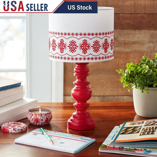 Durable Resin Table Lamp with White Linen Shade Red Stitched Floral Paisley Embroidery Rustic Cottage Decor Indoor Lighting