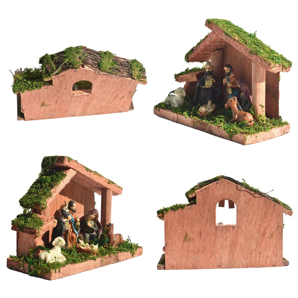 Christmas Nativity Figurine With Wooden Stable Advent Nativity Scene Mary Jesus Angel Wise Men Stable Animal Statues Home Decors