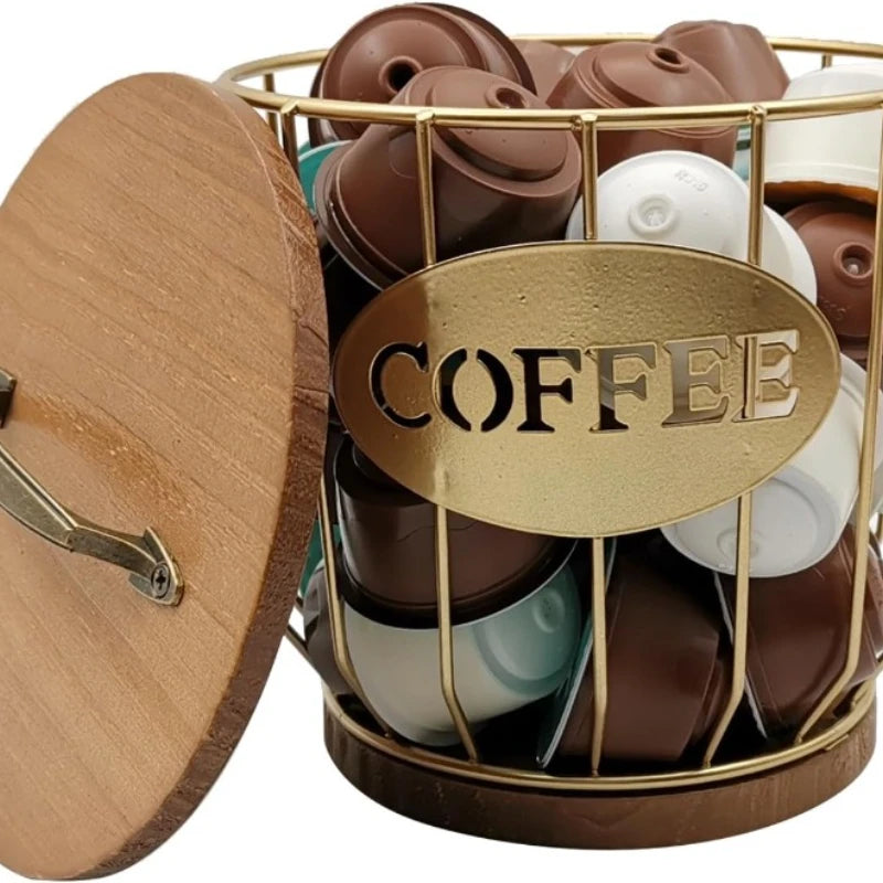 Round Coffee Pods Holder with Wooden Lid and Base Wire Coffee Pods Storage Basket for Home Cafe Bar Countertop Decor(Gold)