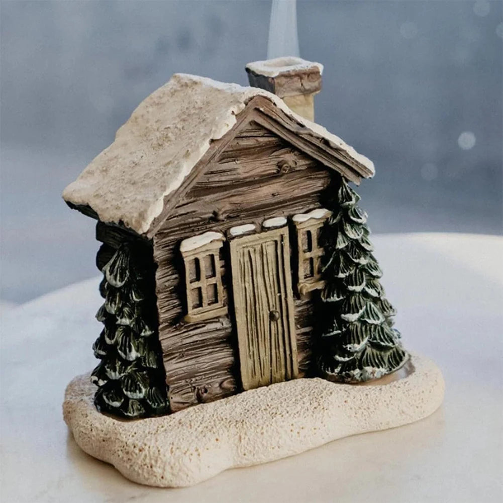Log Cabin Incense Burner with 2 Incense Cones Rustic Christmas Chimney Hut Resin Holiday Gift Xmas Decoration