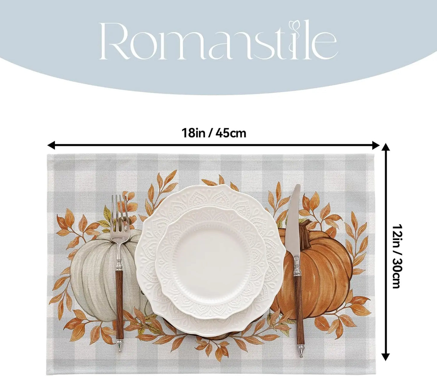 Fall Placemats Set of 4-12 X 18 Inch - Thanksgiving Autumn Harvest Pumpkin Buffalo Plaid Place Mats, Stain Resistant Wipeable Ta