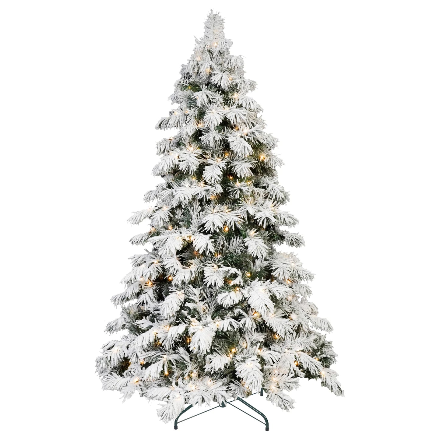 Artificial Flocking Christmas Tree with Warm White Ball Lights PVC Holiday Decoration Xmas Tree with Sturdy Metal Stand Base