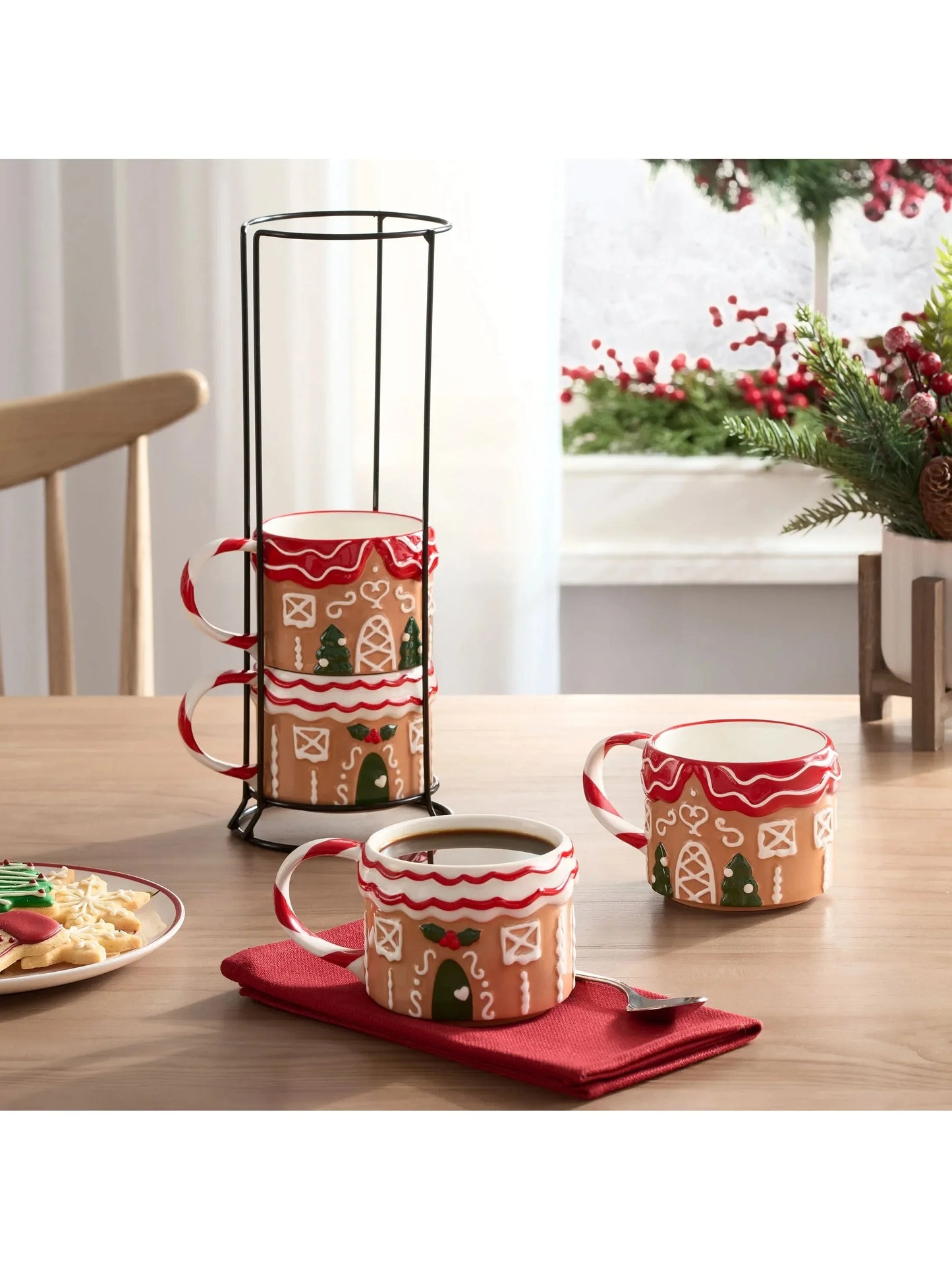12oz Gingerbread House Stacking Mug Set – Glazed Stoneware, Includes Metal Rack