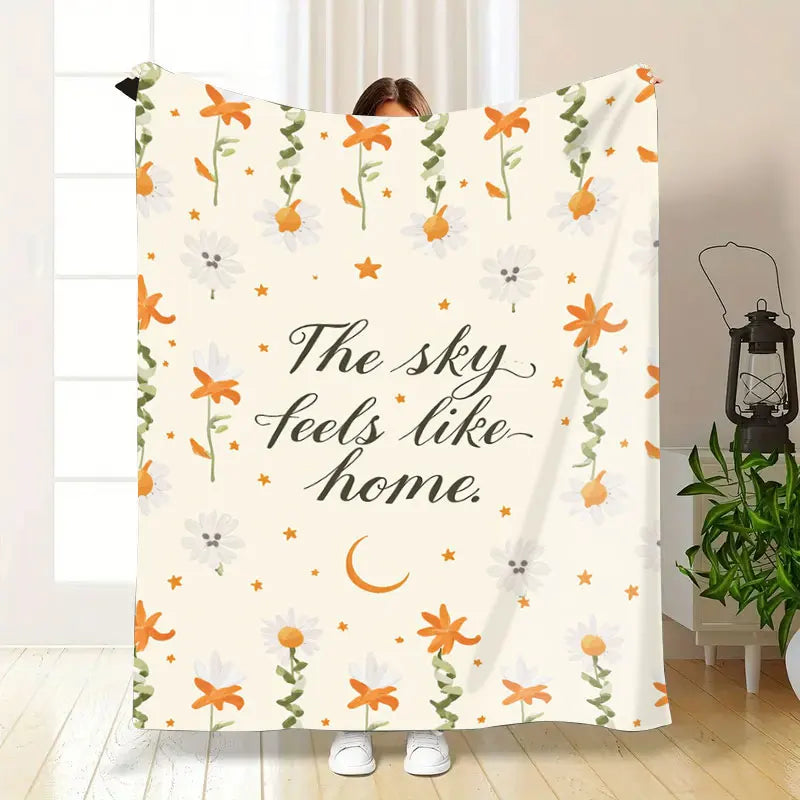 1pc Flannel Blanket "Cozy Floral 'The Sky Feels Like Home' Throw Blanket for Living Room"