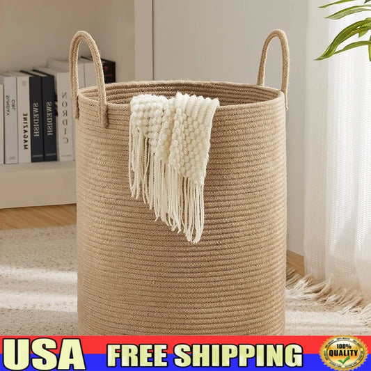 Jute Rope Laundry Hamper Basket Large Storage Clothes Blankets Toys Foldable Round Basket Tall Design with Sturdy Handles