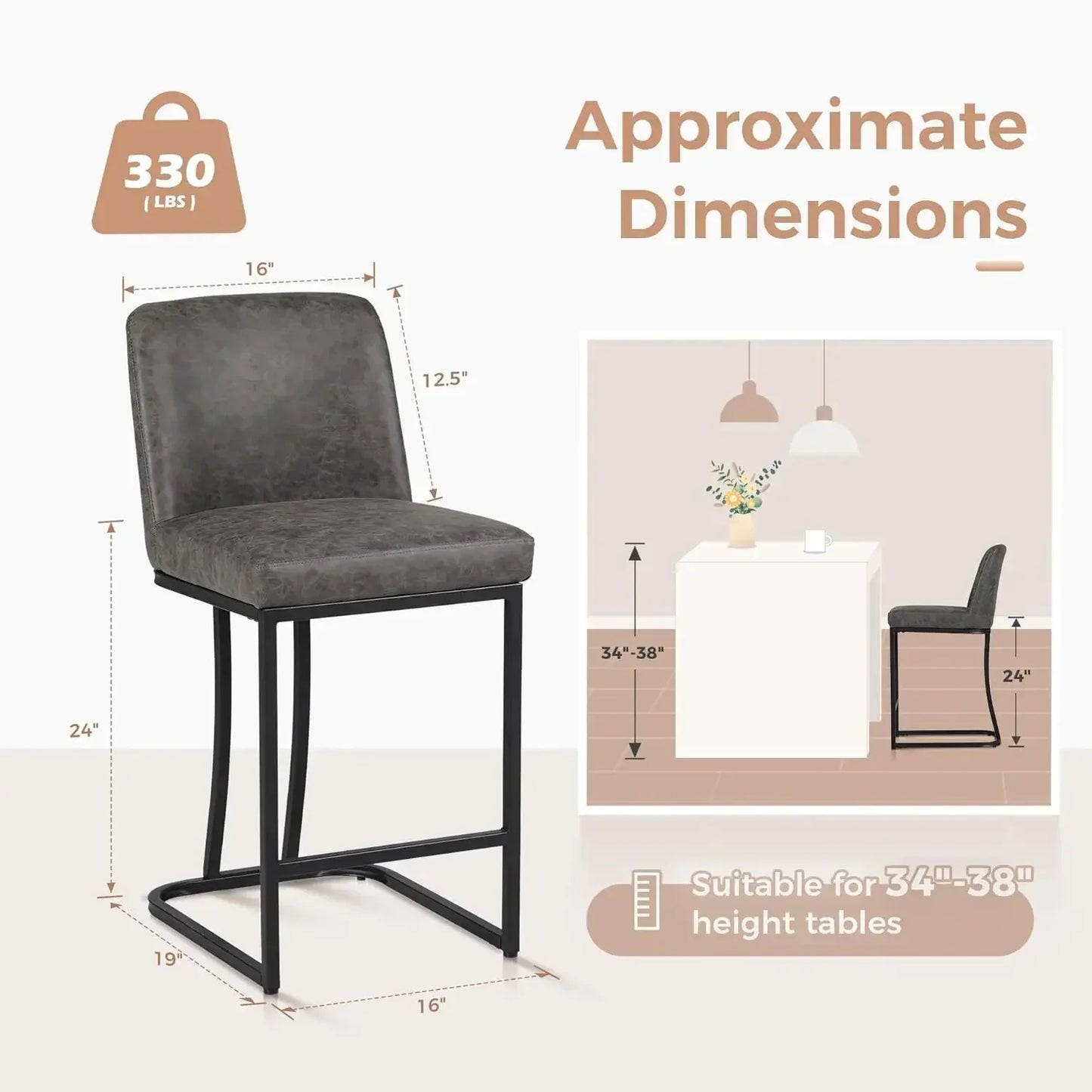 XMSJ.Counter Height 24" Bar Stools Set of 3 with Back for Kitchen Counter Modern Upholstered Barstools Faux Leather Farmhouse