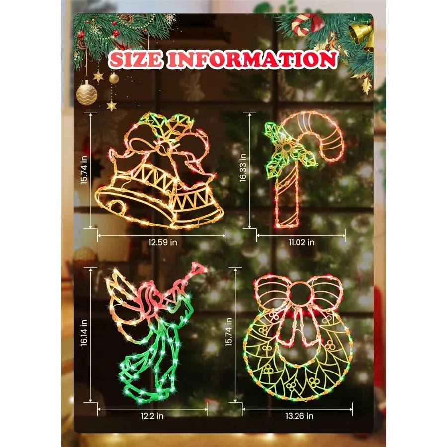 Christmas Window Silhouette Lights Decorations Pack of 4 Sign Colour Lighted Wreath Candy Cane Bell and Angel for Holiday Indoo