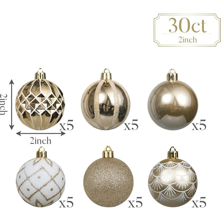 Elegant Shatterproof White and Gold Christmas Tree Decorations Ball Ornaments Set of 30 2 Inches Bulk Holiday Party Decorations