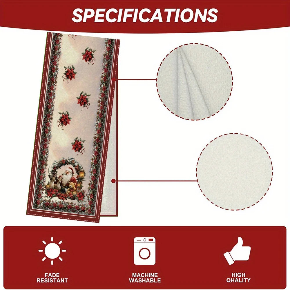 Christmas Table Runner with Santa Claus, Deer & Poinsettia Pattern, Multiple Sizes, for Christmas Home Decoration and Gifts