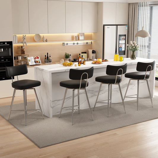 26" Swivel Barstools Set of 4, PU Leather Counter Height Bar Stools, Bar Chairs with Metal Footrest for Kitchen Island, Brown