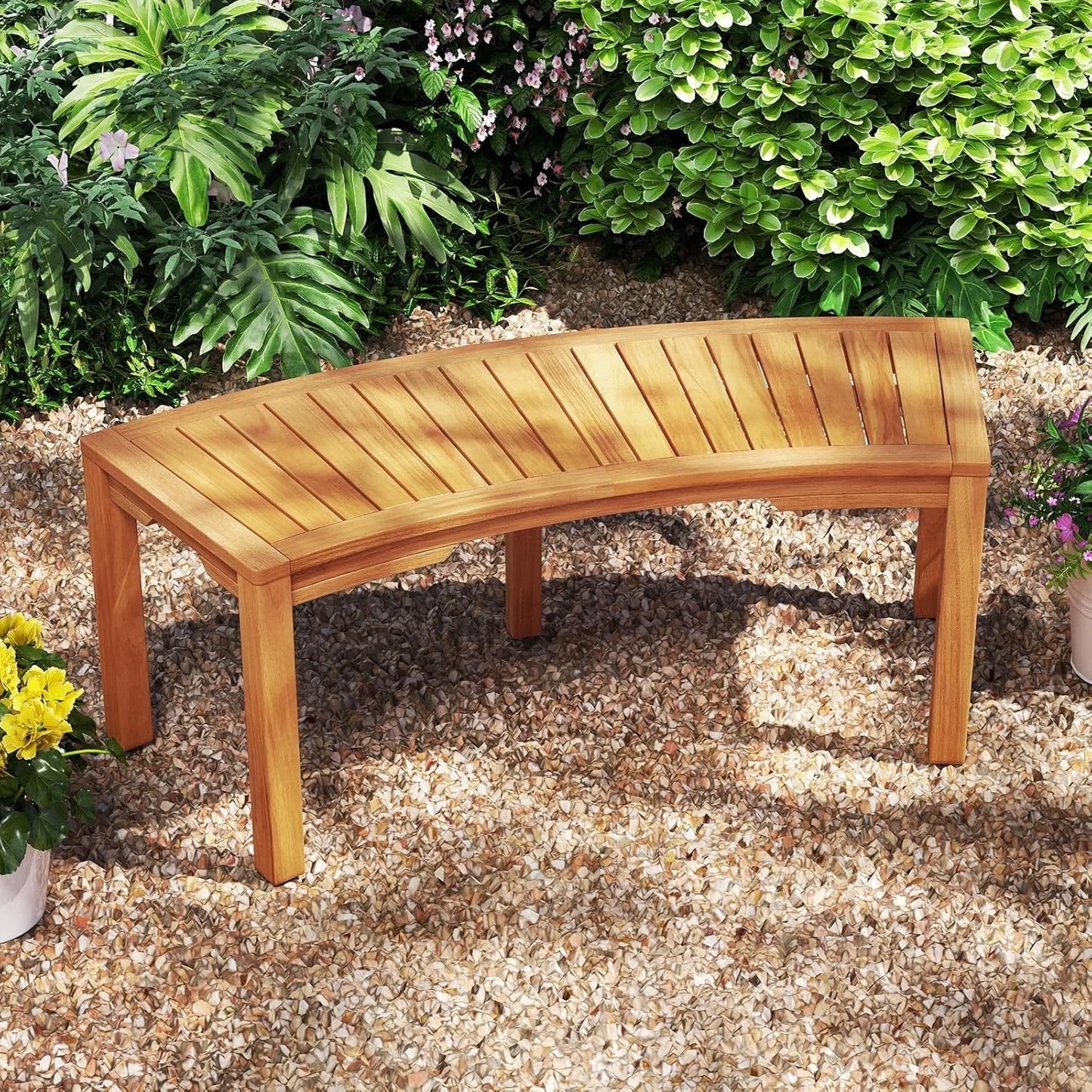 Outdoor Acacia Wood Curved Garden Bench, 2-Person Patio Backless Tree Bench with 800 LBS Capacity, Fire Pit Bench