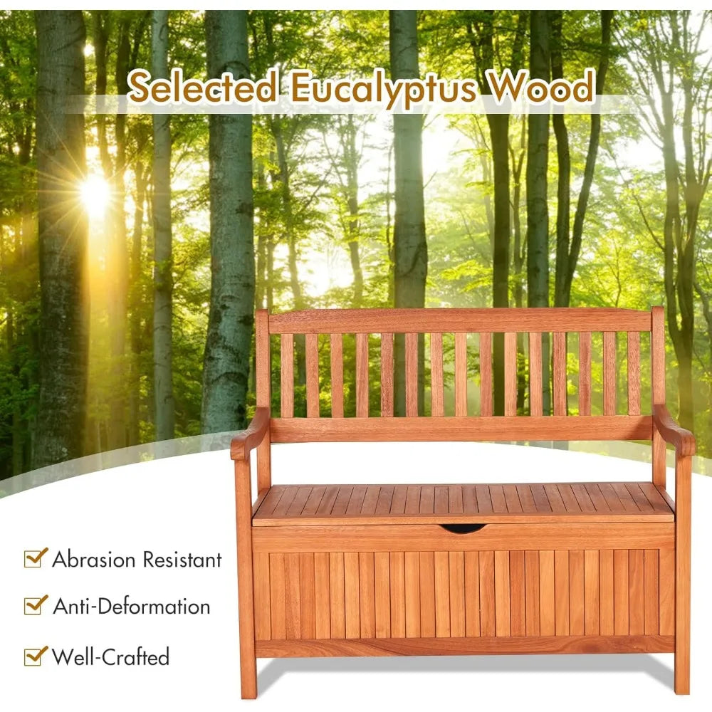 Safstar Outdoor Patio Bench with Storage Box, 33 Gallon Capacity, Wooden Frame, Eucalyptus Material, Natural Color, 42 x 23 x 35