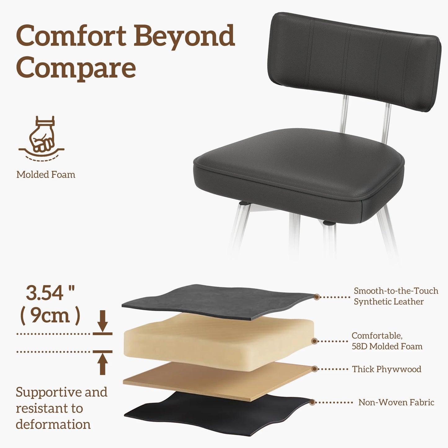 26" Swivel Barstools Set of 4, PU Leather Counter Height Bar Stools, Bar Chairs with Metal Footrest for Kitchen Island, Brown