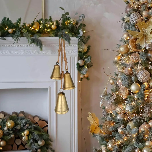 Rustic Christmas Bells Decorations Brass Hanging for Holiday Decor: Vintage Antique Style Bell Cow Ornament Ideal for Door Porc