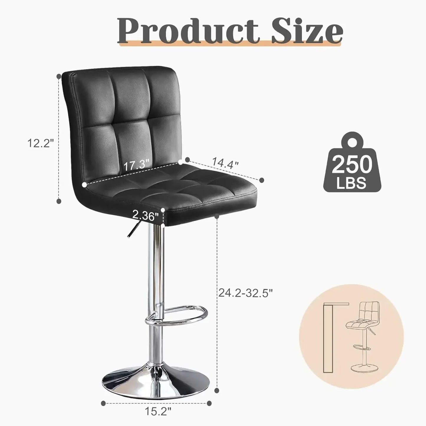 XMSJ.Bar Stools Set of 2, PU Leather Adjustable Swivel Barstools, Armless Hydraulic Kitchen Counter Height Bar Stools