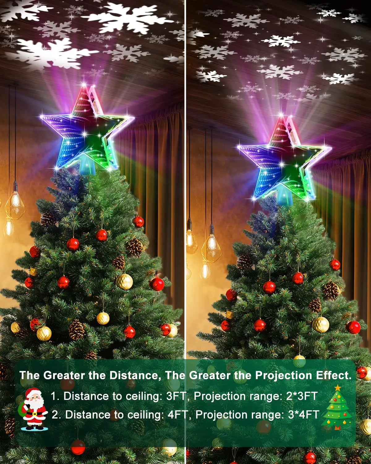 RGB Christmas Tree Topper Star with Projector, 4-in-1 Dynamic Lighting , Tool-Free Installation Xmas Decor for Home Party New Ye