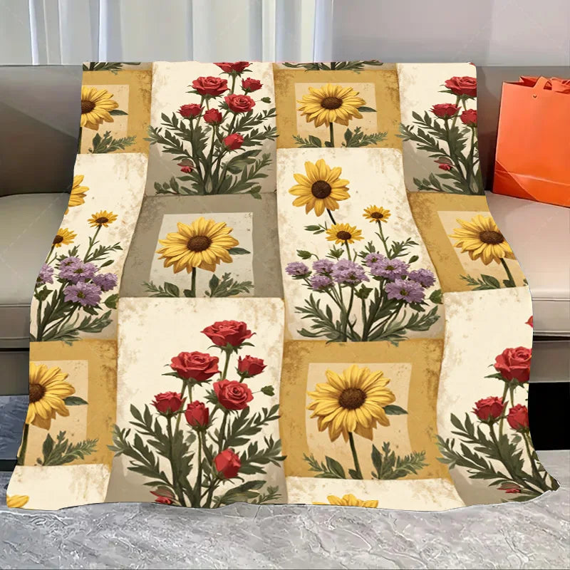 1pc Flannel Blanket Rustic Floral Throw Blanket - Cozy Boho Style for Living Room Decor