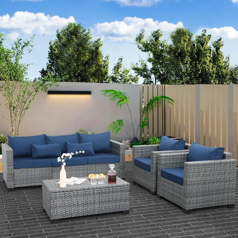 4 Piece Wicker Patio Furniture Sets Outdoor Conversation Set PE Rattan Sectional Sofa Couch with Storage Table and Cushions
