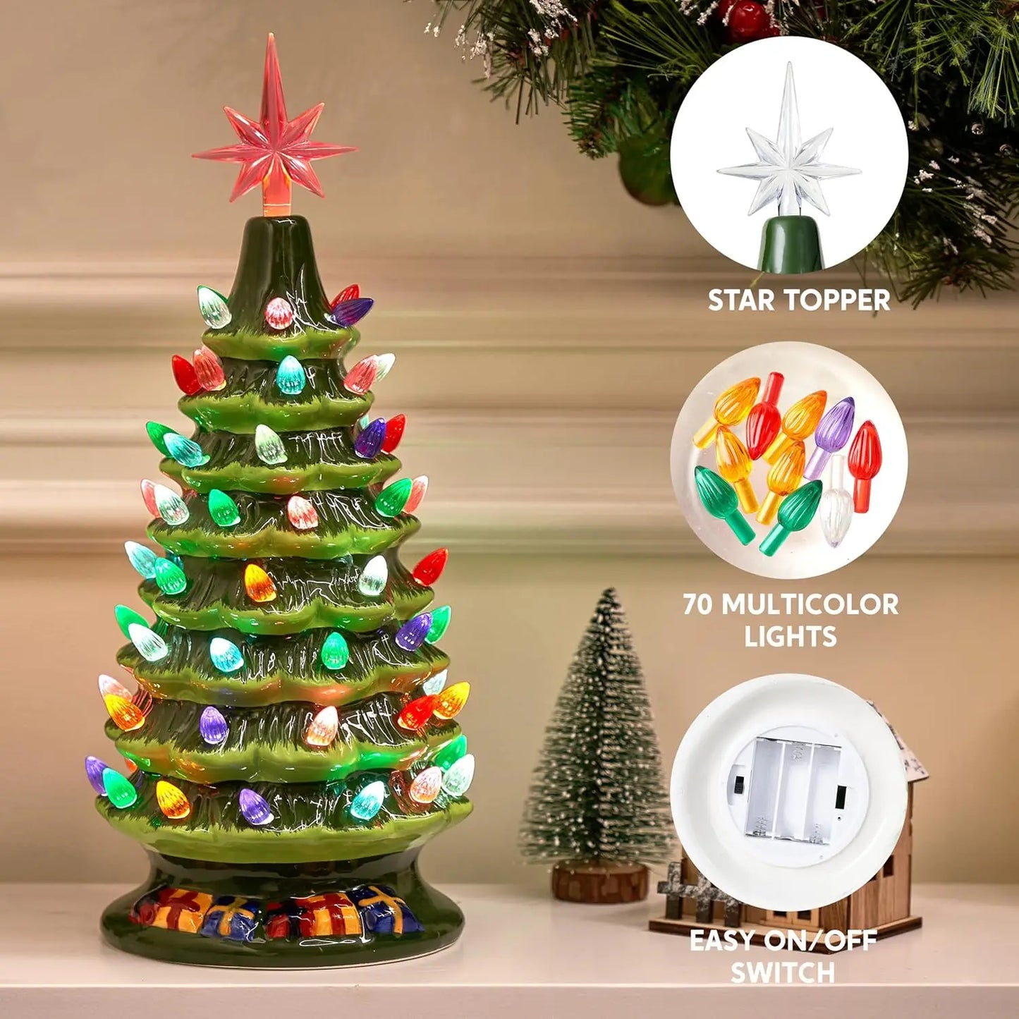 JOYFY 15" Tabletop Prelit Ceramic Christmas Tree with 70 Multicolor Lights Hand-Painted Ceramic Tabletop Christmas Tree for Xmas
