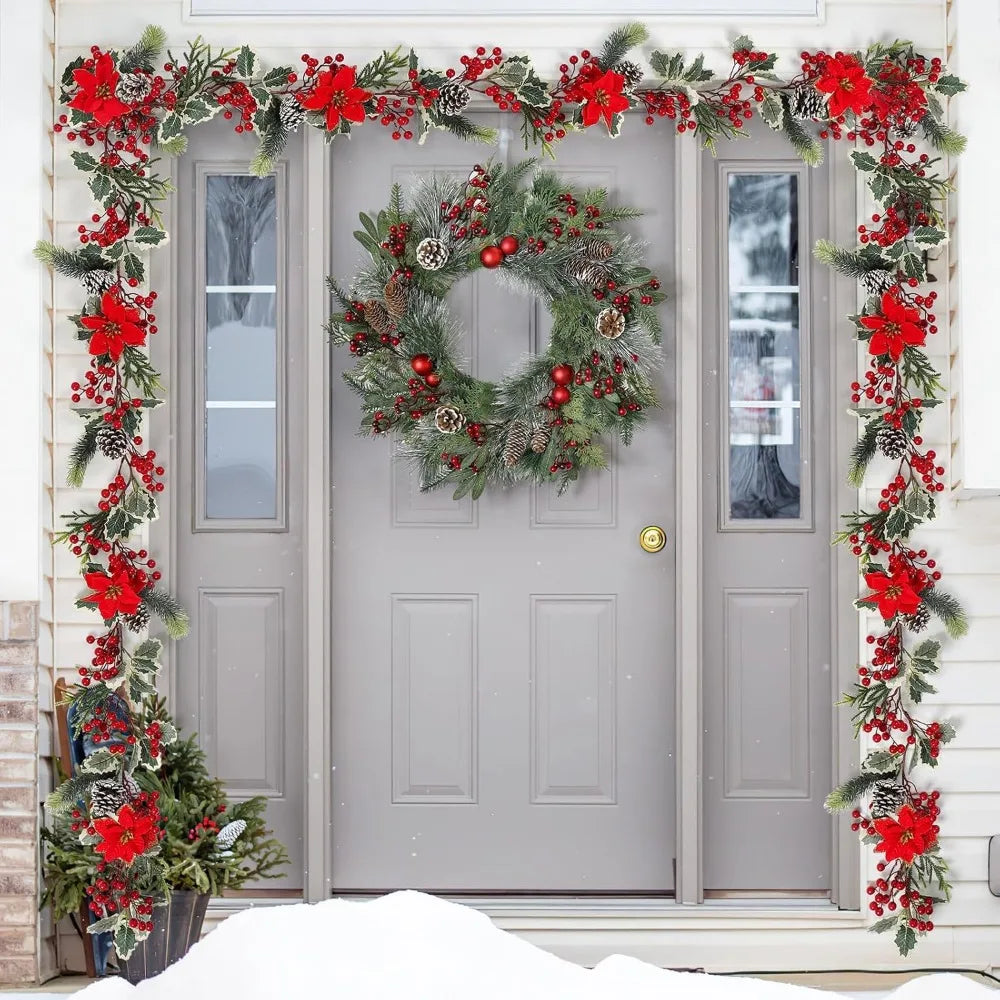 6FT Red Berry Christmas Garland,Artificial Berries Garland with Pine Cones,Poinsettia Flowers and Holly Leaves,Poinsettia Chris