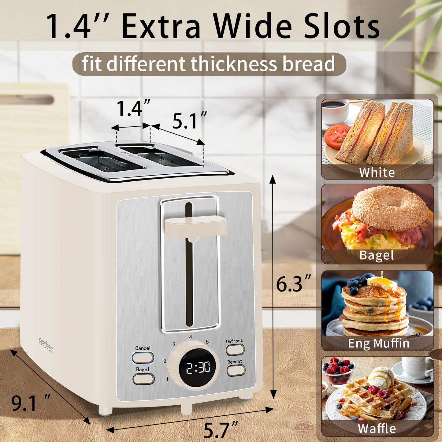 Toaster 2 Slice,LCD Display,7 Shade Settings,1.４'' Extra Wide Slots Toaster,4-in-1 Functions,Removable Crumb Tray, 900W