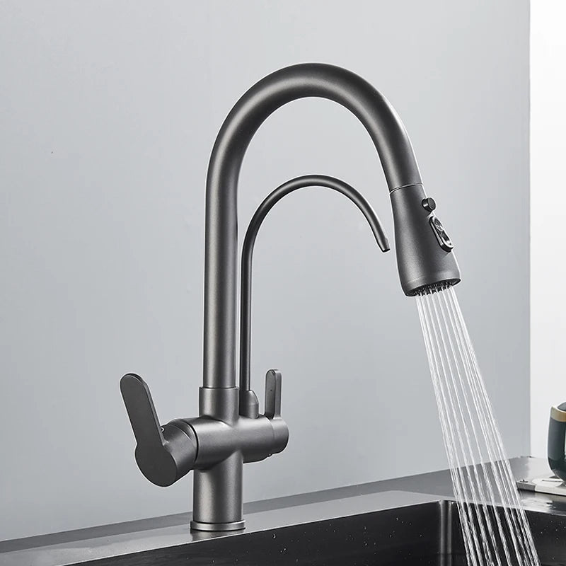 Filtered Crane For Kitchen Matte Black Pull Out Spray 360 Rotation Water Filter Tap Three Ways Sink Mixer Kitchen Faucet