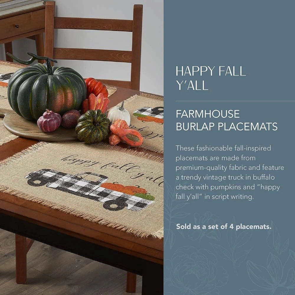 Rustic Burlap Placemats Set of 4 Autumn Farmhouse Decor Buffalo-Plaid Truck Pumpkins Thanksgiving Table Accessories