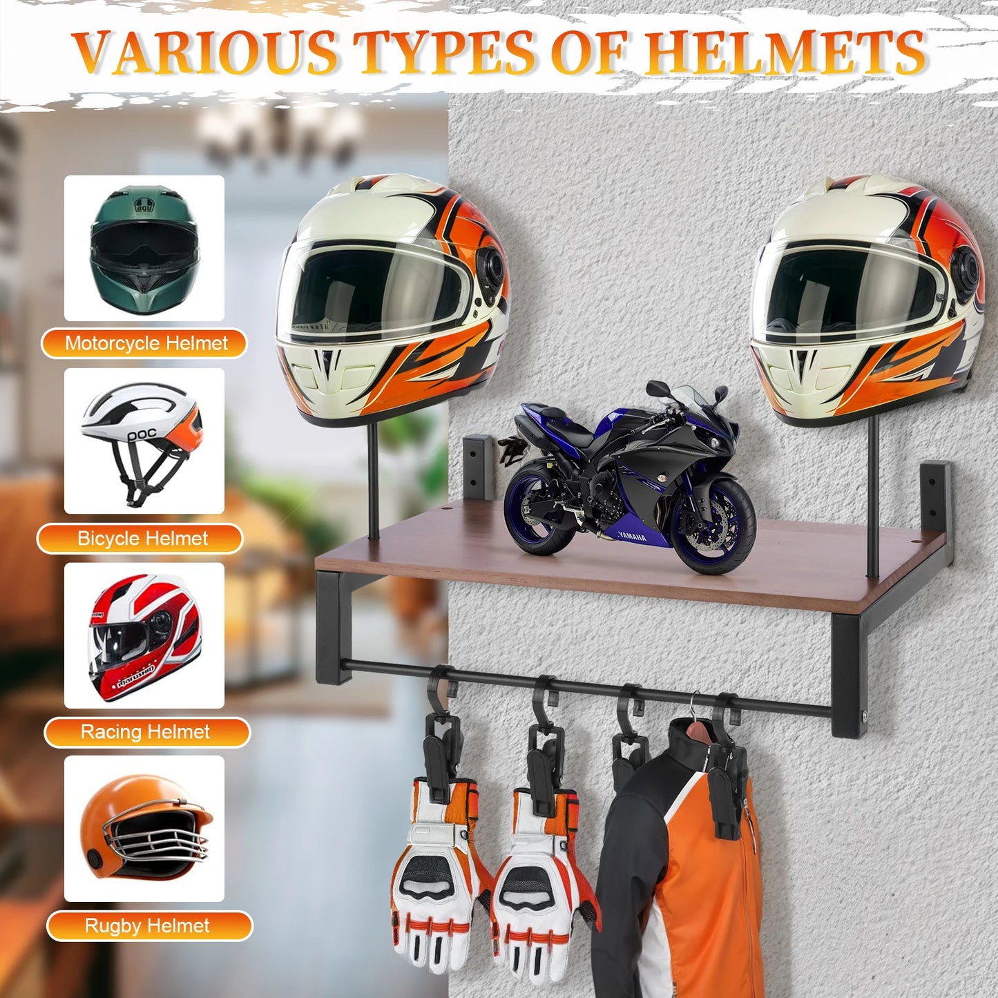Wooden Helmet Organizer Rack with 5 Hooks Helmet Hanger Wear Resist Metal Helmet Stand for Motorcycle Accesories Storage