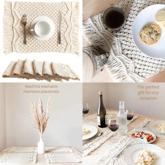 Macrame Placemats Set of 6 - Handmade Cotton Woven Boho Placemats - Modern Farmhouse Fringe Placemats for Dining Table, Kitchen