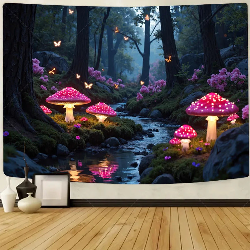 1pc Wall Tapestry Mystic Forest Tapestry - Dark Woods with Glowing Eyes, Spooky Night Scene Decor