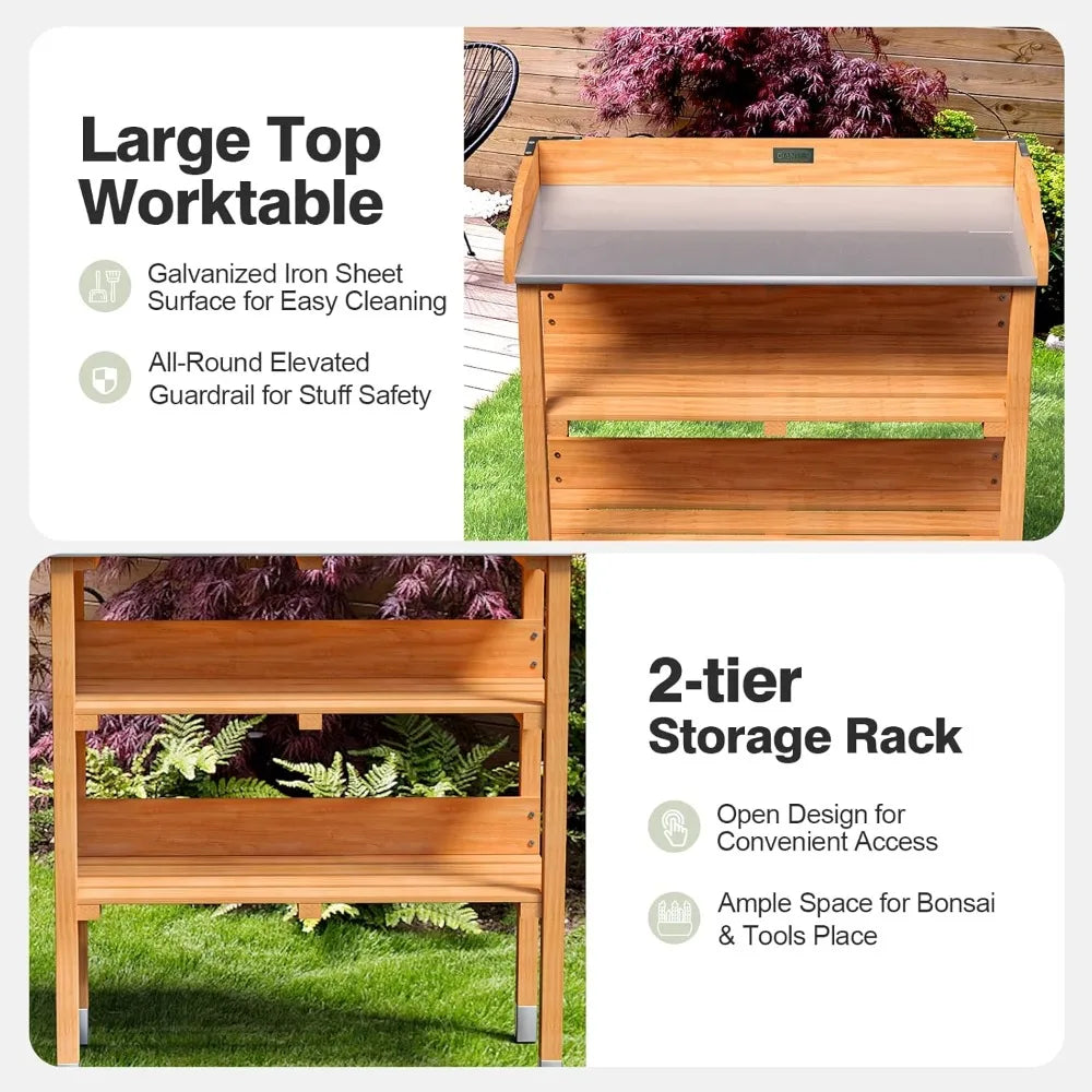 Garden Potting Bench, Outdoor Wood Workstation Table with Galvanized Steel Tabletop, 5 Hooks, 2-Tier Storage Shelves, Outside