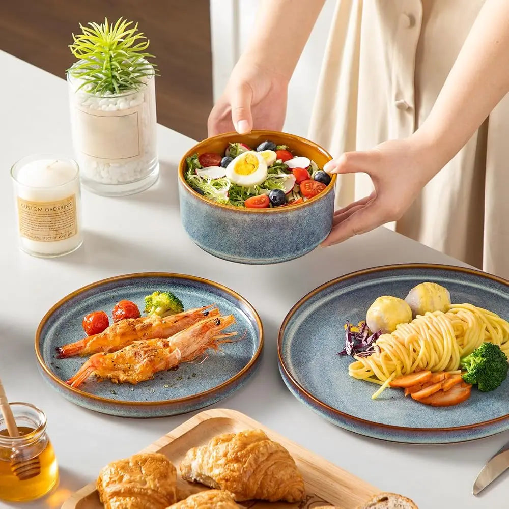 Onion Ceramic Plates And Bowls Sets, 12 Pieces Blue Dinnerware Sets For Kitchen, Reactive Glaze Dishes Set For 4, Dishwasher
