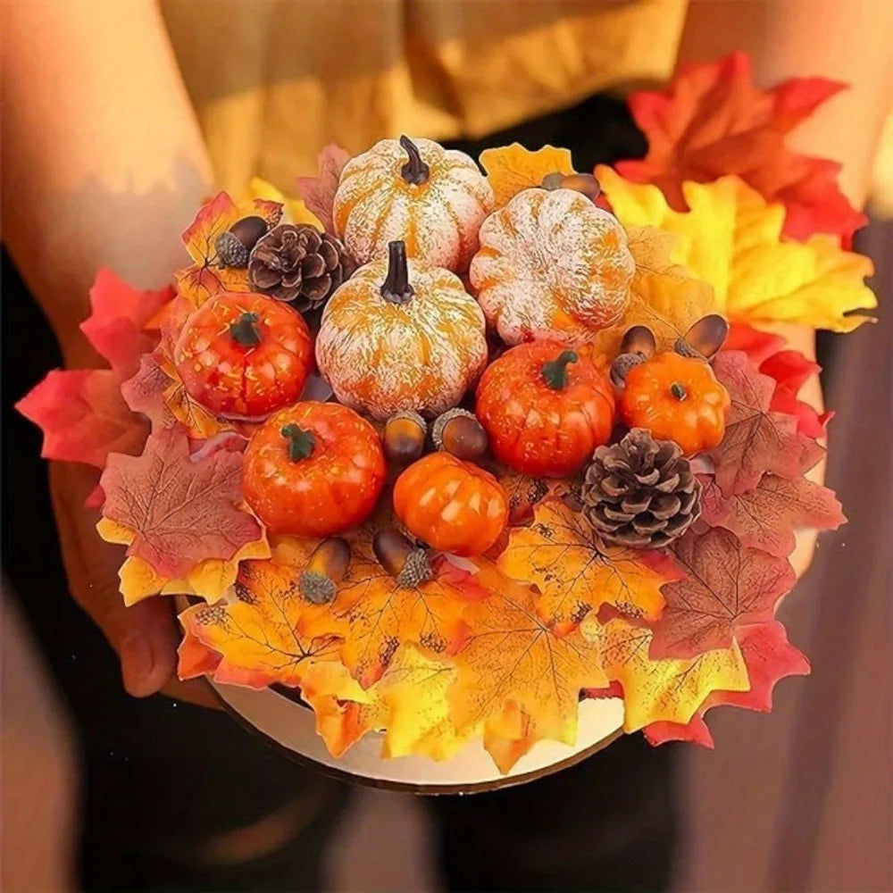 128 Pcs Thanksgiving Artificial Pumpkins Decorations Set with Maple Leaf, Foam Pumpkin, Small Acorns, Pine Cones and