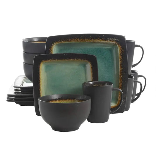 Ocean Paradise Square Reactive Glaze Stoneware Dinnerware Set, Service For 4 (16Pcs), Jade