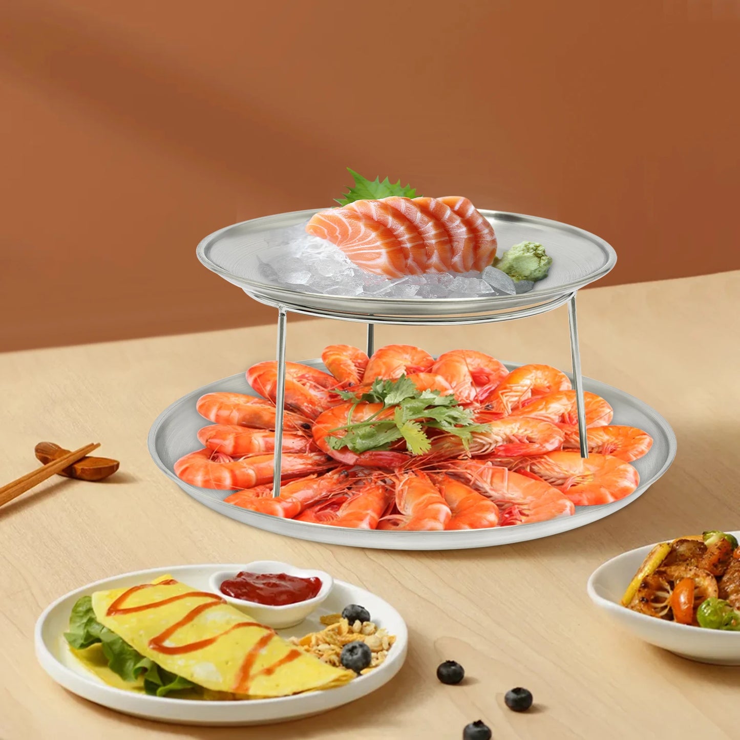 2-Tier Seafood Serving Plate Set, 20cm & 25cm Round Metal Tray with Stand, Silver Appetizer Dish, Sushi Tray, Party Platter