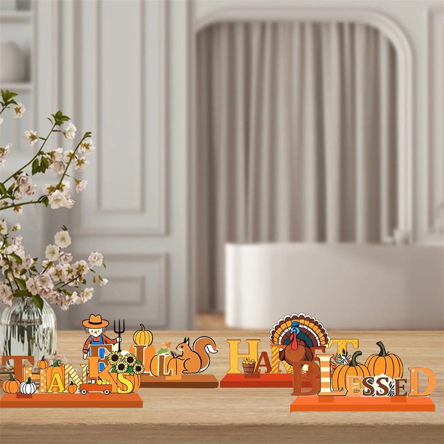 Thanksgiving Decor Set 4 Wooden Pumpkin and Letter Ornaments Table Centerpieces for Home Office Fall Party Décor
